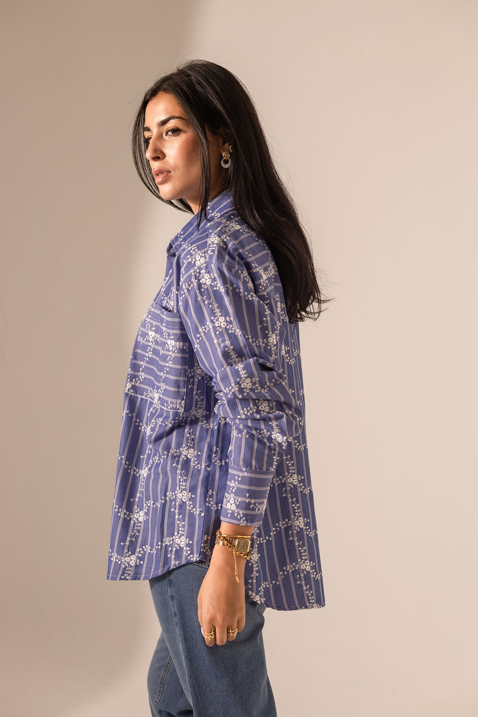 Navy Embroidered Long Sleeves Shirt