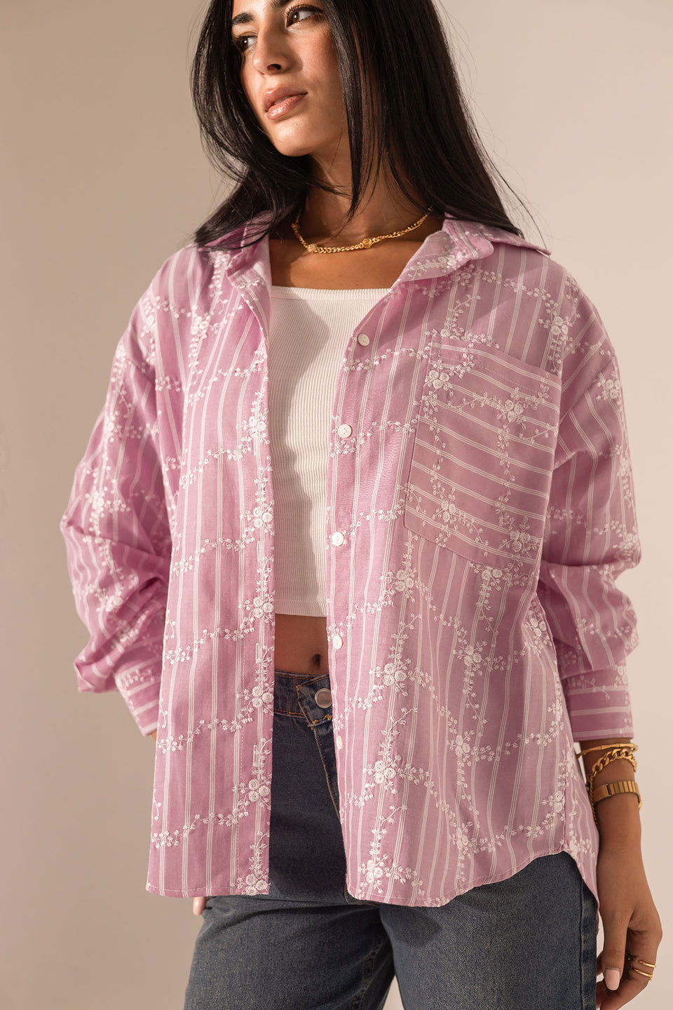 Pink Embroidered Long Sleeves Shirt