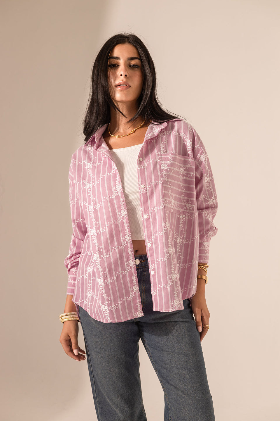 Pink Embroidered Long Sleeves Shirt
