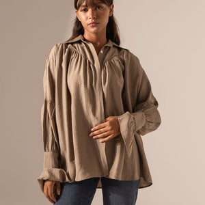 Coffe Loose-Fit Blouse with Flared Sleeves