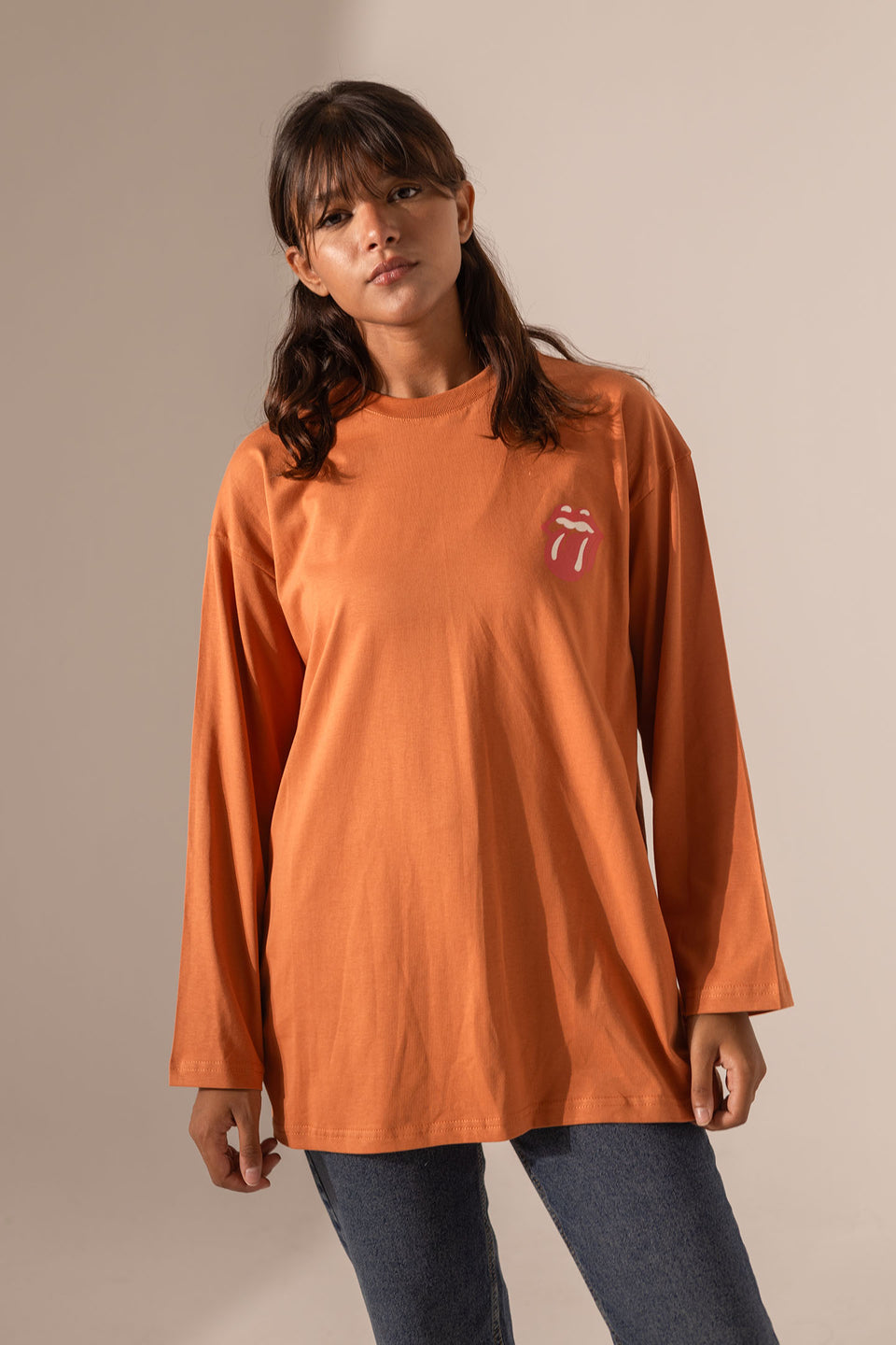 Orange Printed Long Sleeves T-Shirt