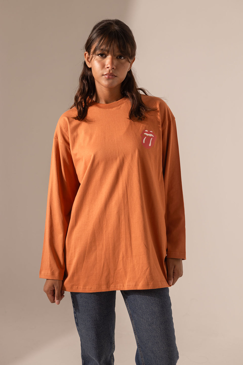 Orange Printed Long Sleeves T-Shirt