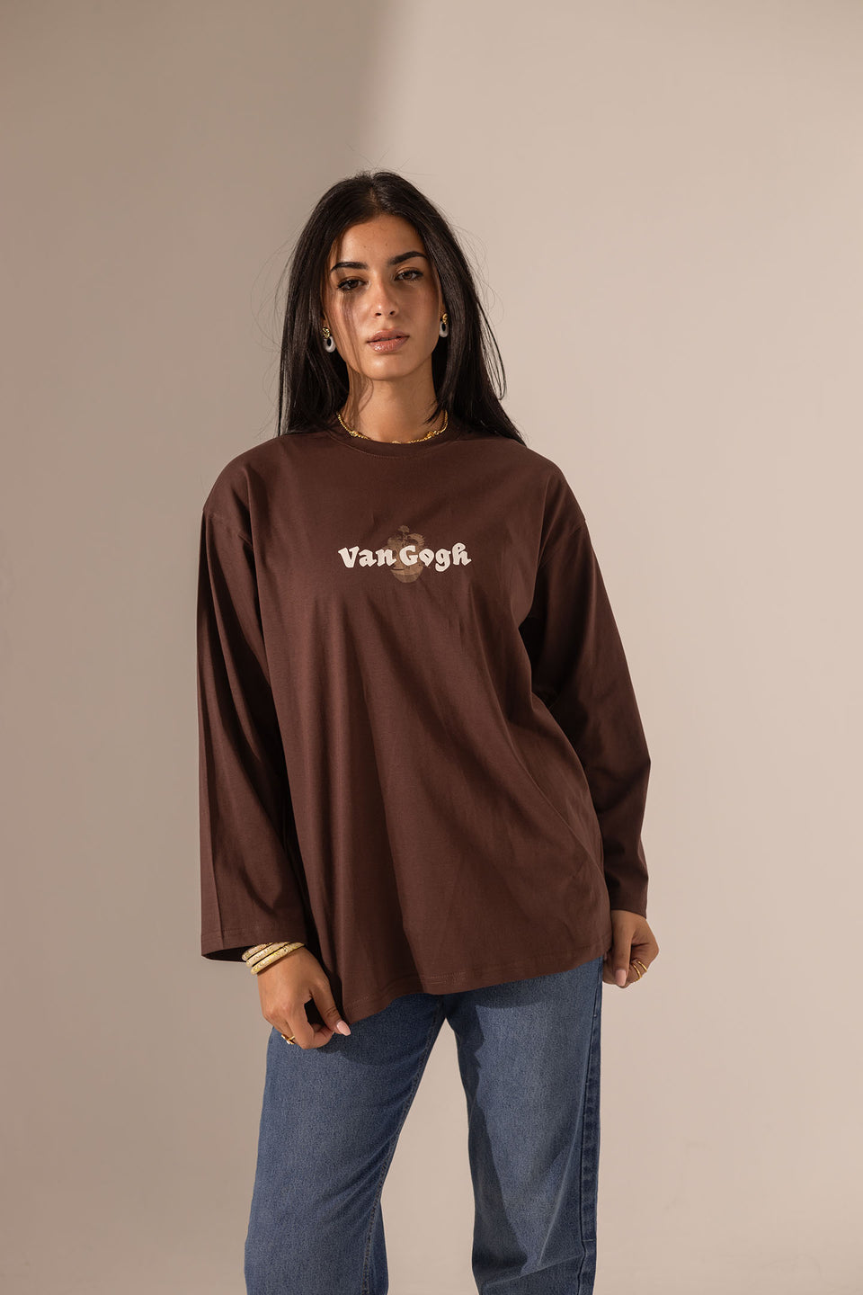Brown Printed Long Sleeves T-Shirt