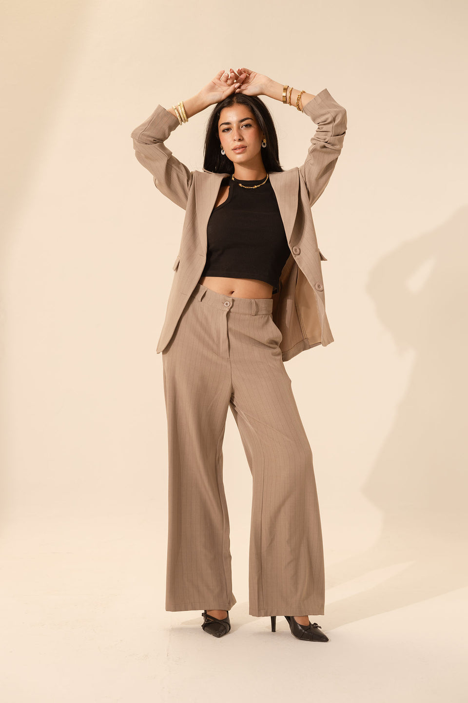 Coffe Pinstripe Wide-Leg Pants