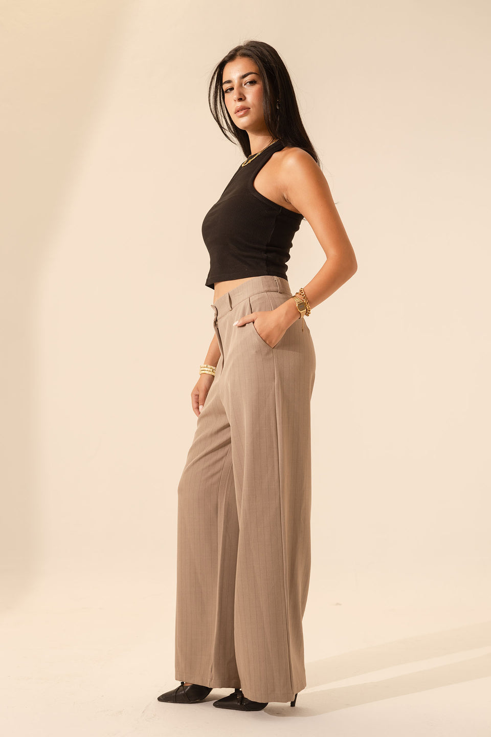 Coffe Pinstripe Wide-Leg Pants