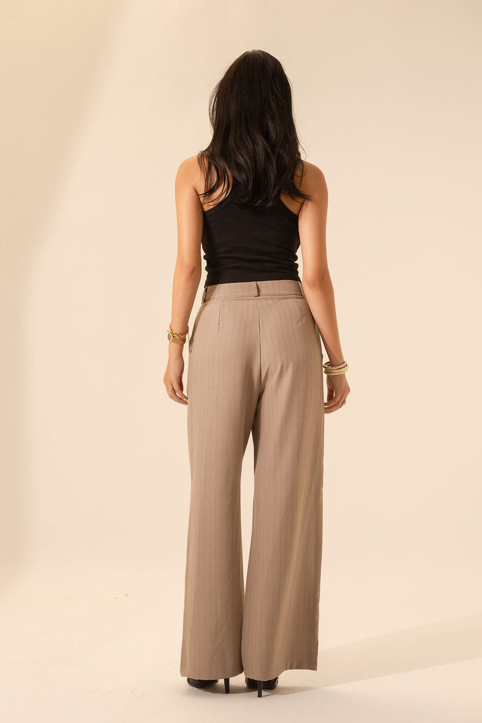 Coffe Pinstripe Wide-Leg Pants