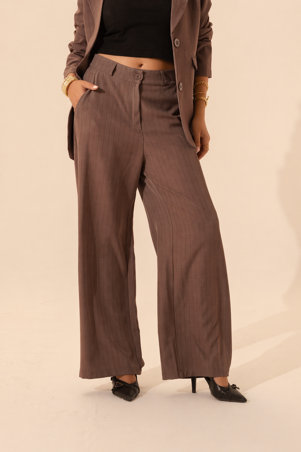 Brown Pinstripe Wide-Leg Pants