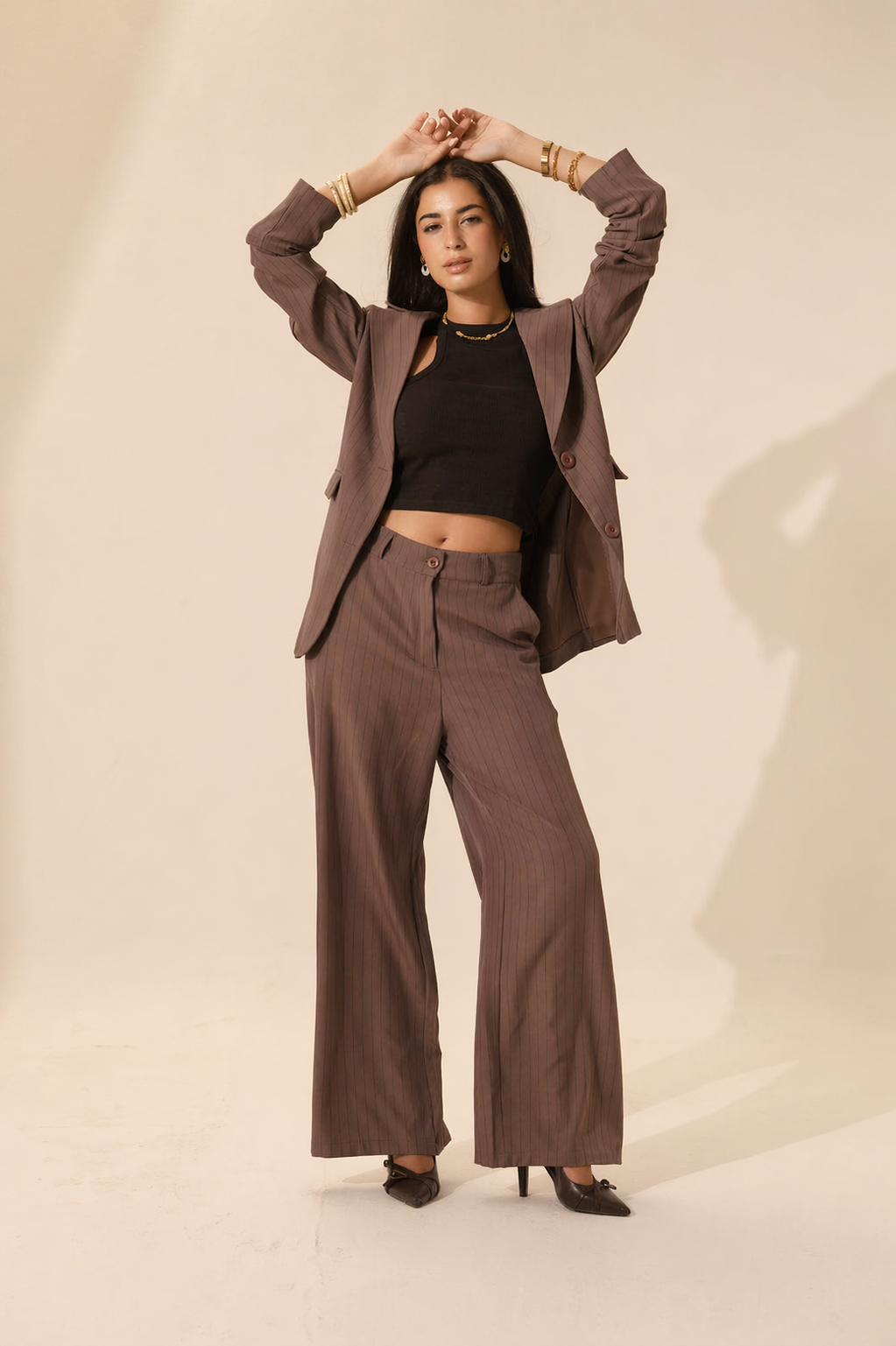 Brown Pinstripe Wide-Leg Pants