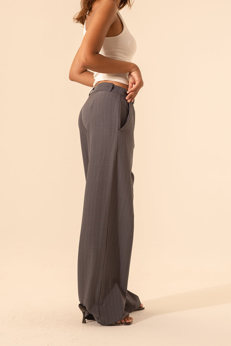 Dark Grey Pinstripe Wide-Leg Pants