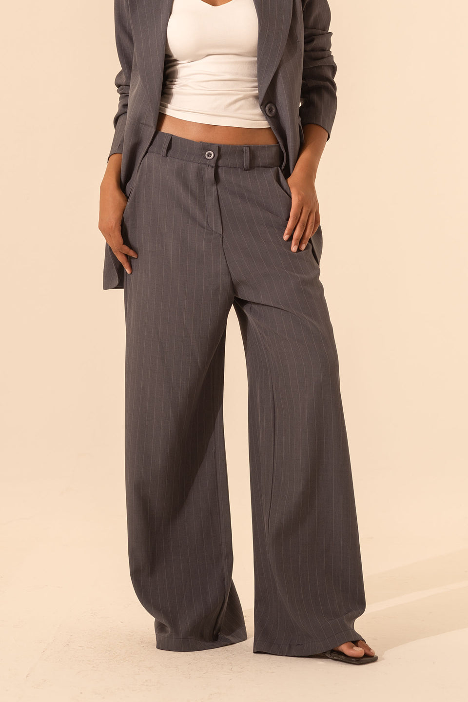 Dark Grey Pinstripe Wide-Leg Pants