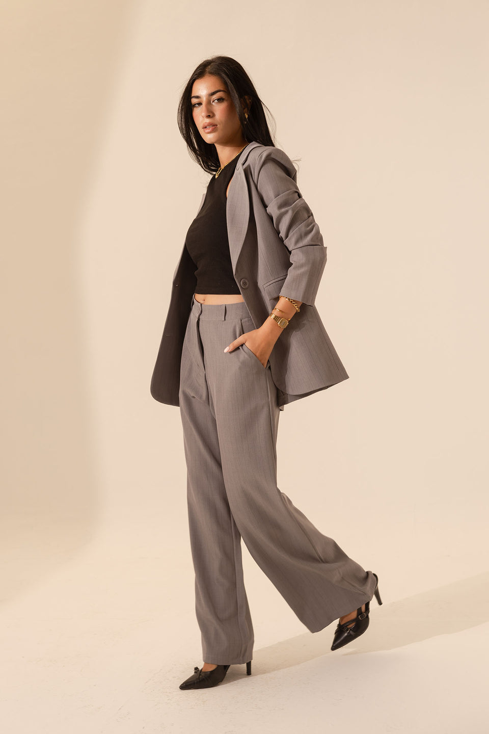 Grey Pinstripe Wide-Leg Pants