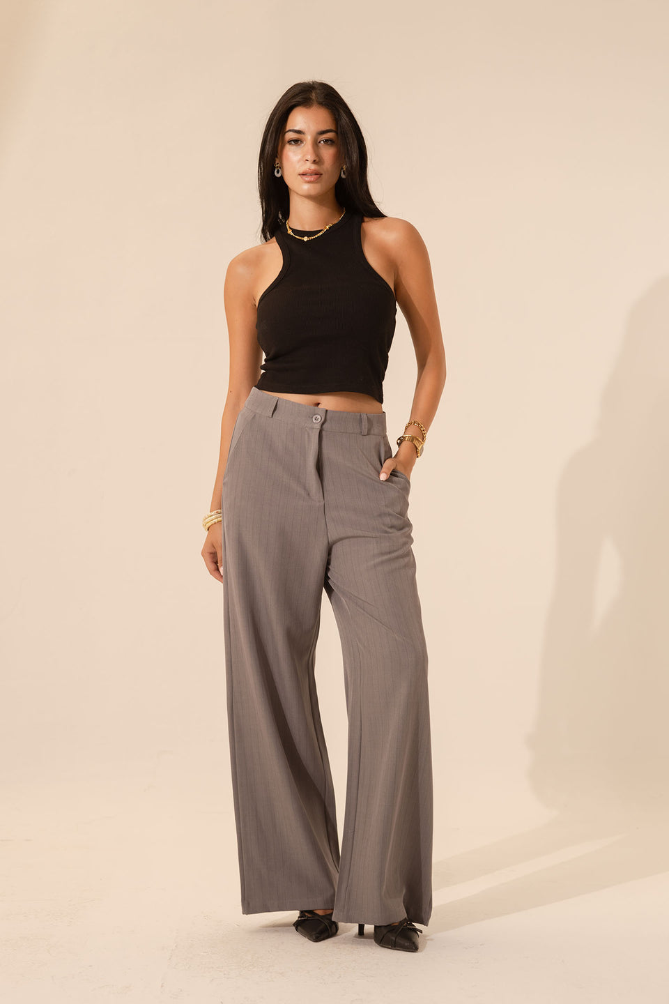 Grey Pinstripe Wide-Leg Pants