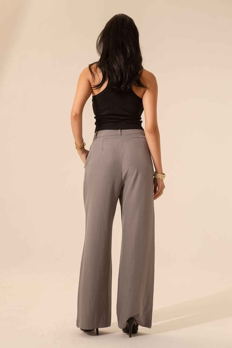 Grey Pinstripe Wide-Leg Pants