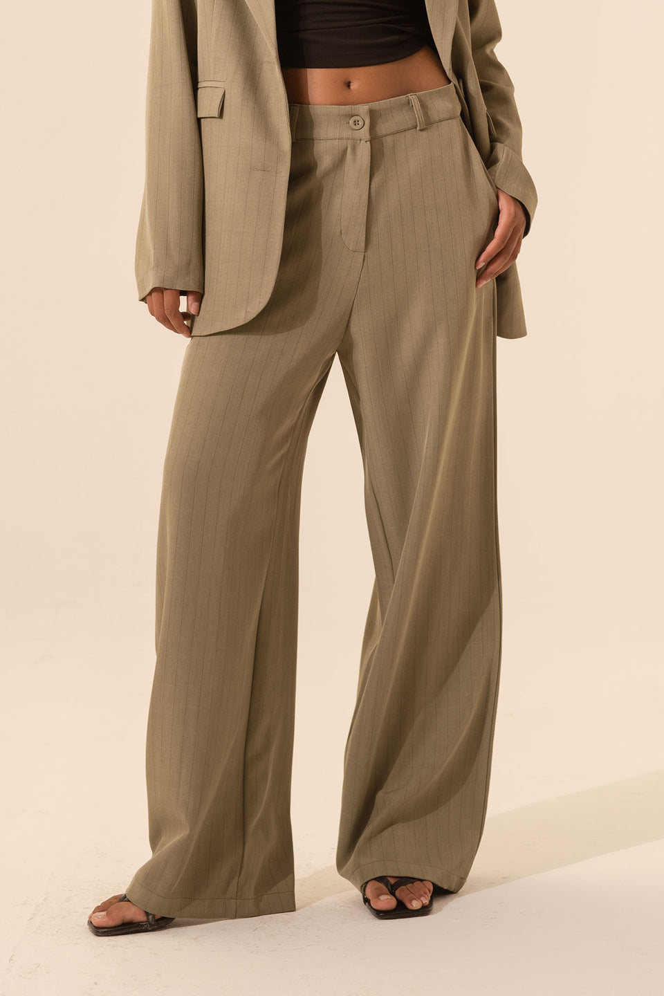 Olive Pinstripe Wide-Leg Pants