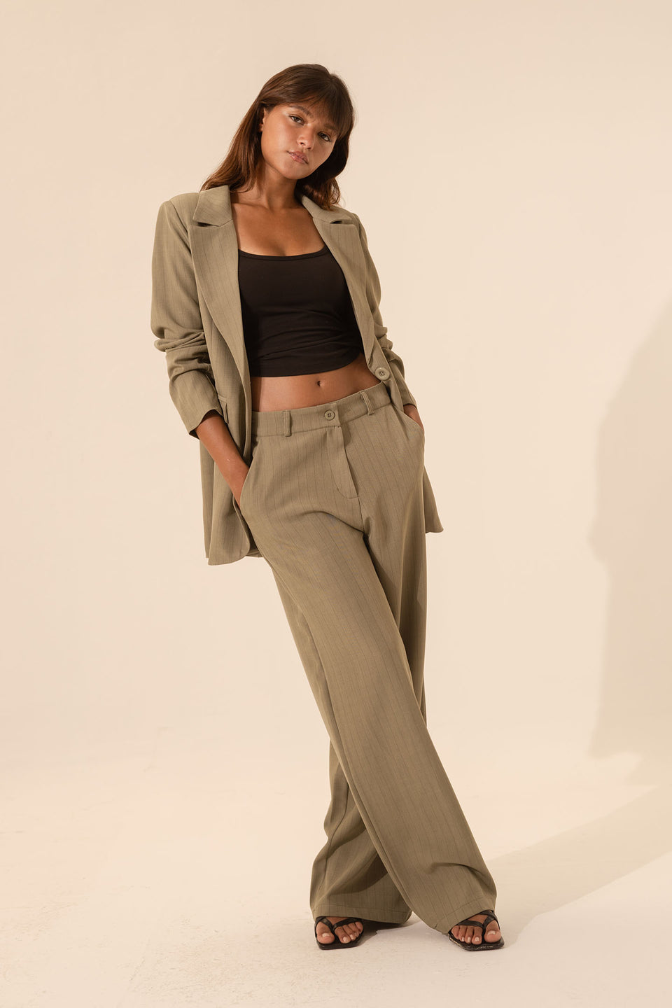 Olive Pinstripe Wide-Leg Pants