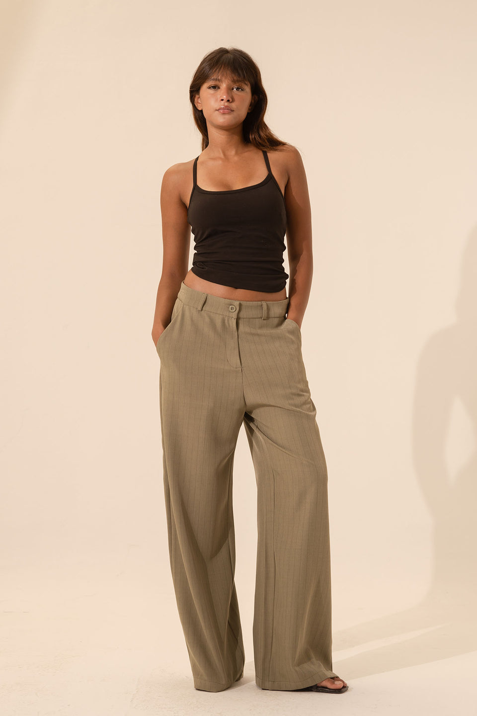 Olive Pinstripe Wide-Leg Pants