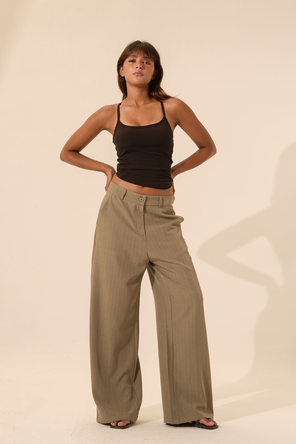 Olive Pinstripe Wide-Leg Pants