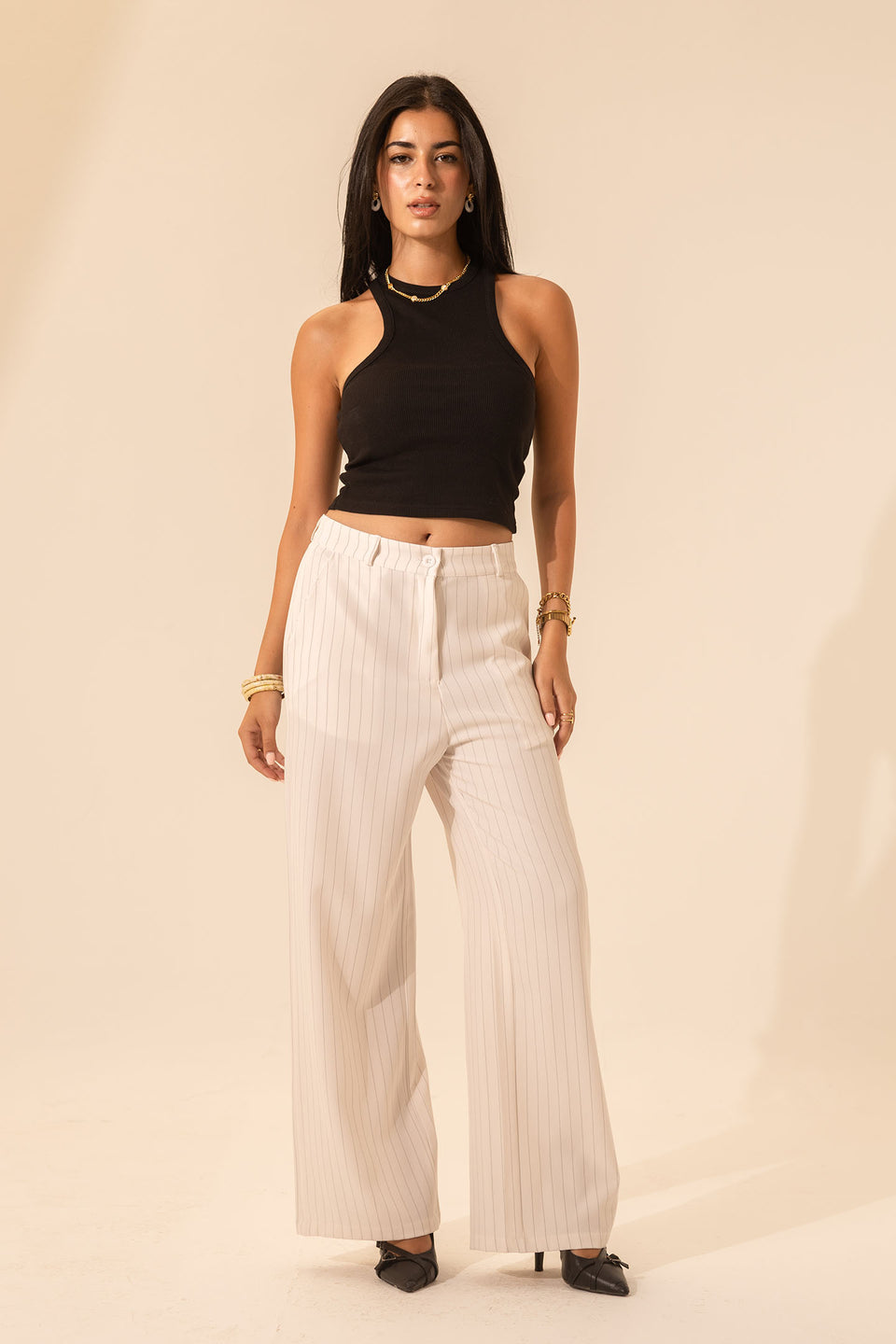 White Pinstripe Wide-Leg Pants