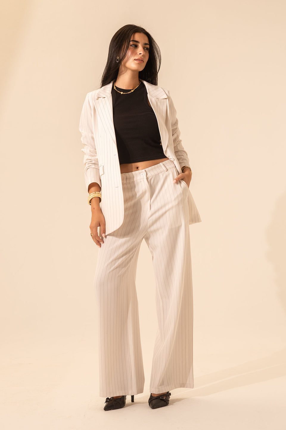 White Pinstripe Wide-Leg Pants