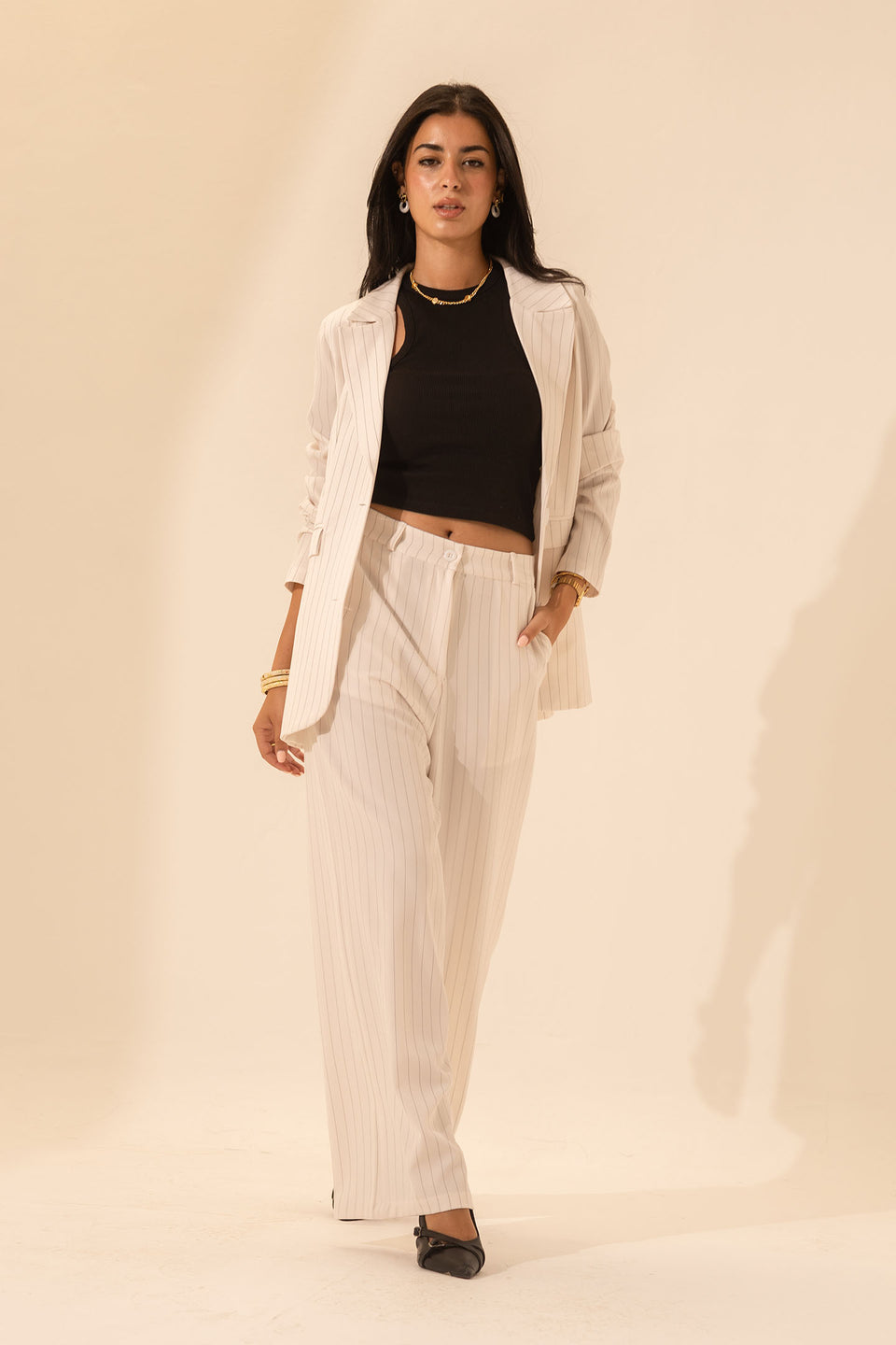 White Pinstripe Wide-Leg Pants