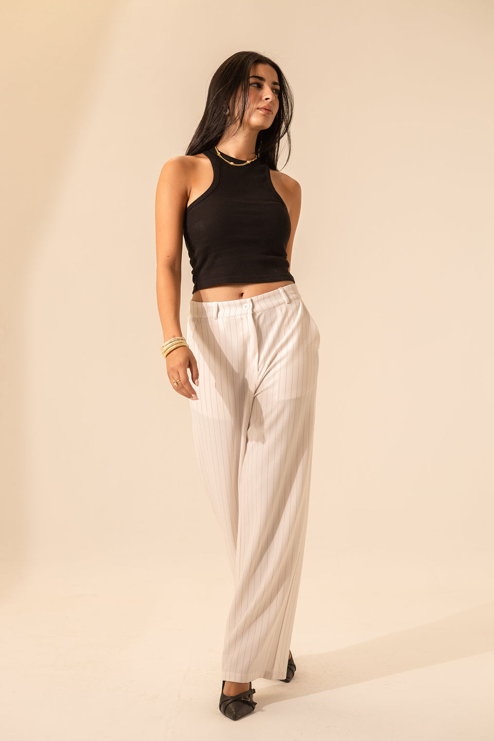 White Pinstripe Wide-Leg Pants
