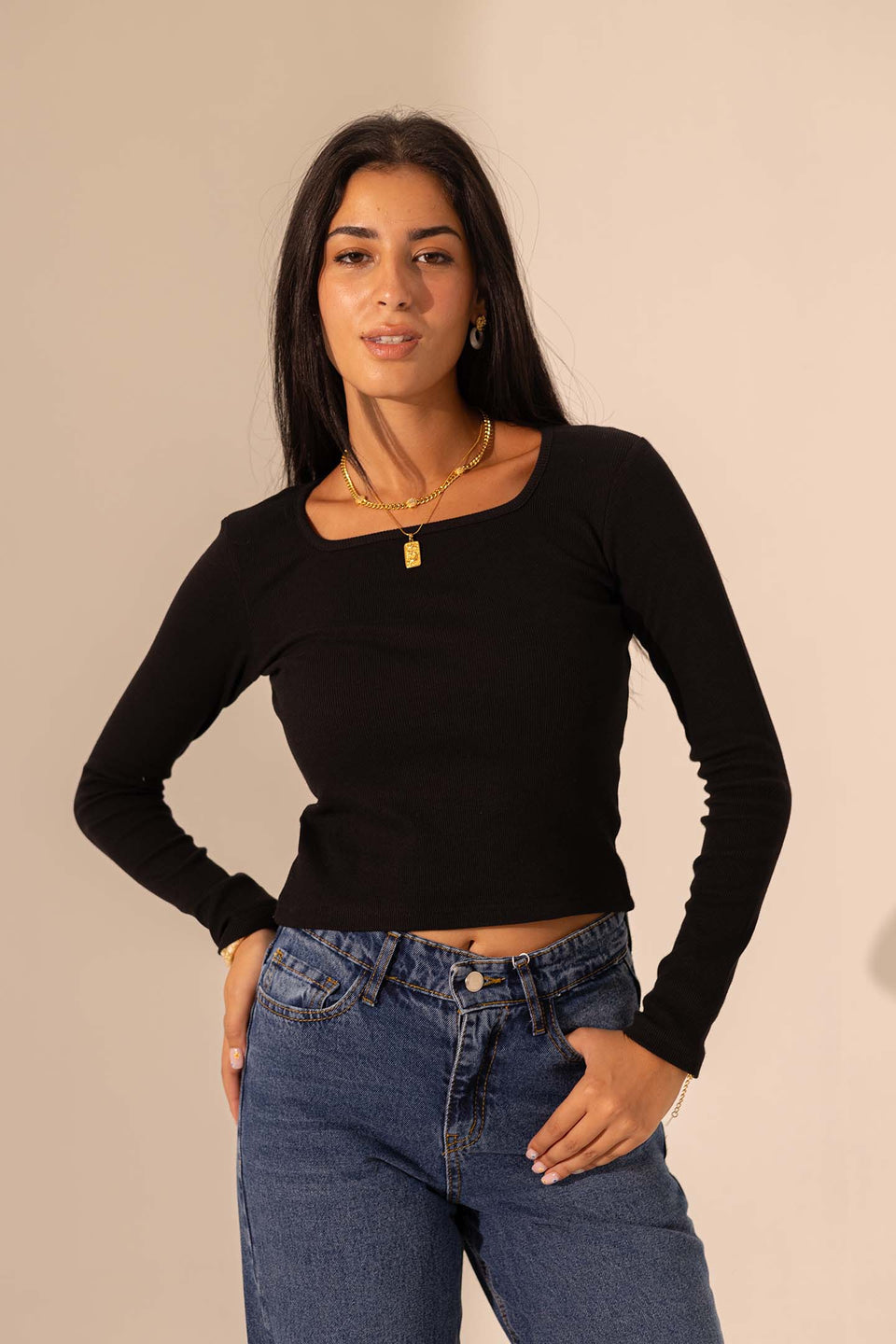 Black Ribbed Long Sleeve Scoop Neck Basic