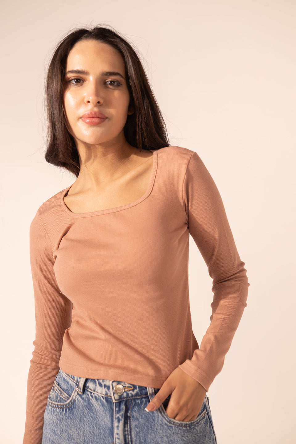 Coffe Ribbed Long Sleeve Scoop Neck Basic