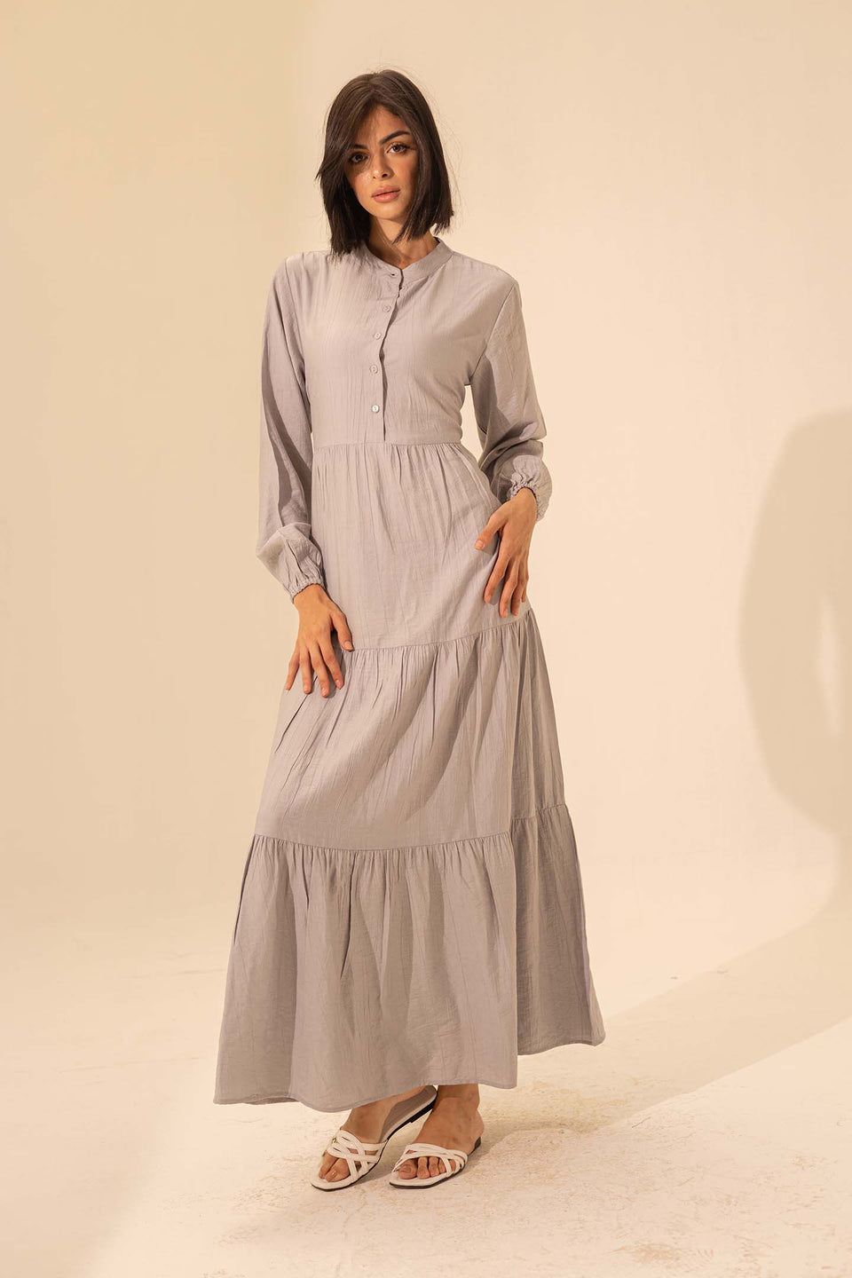 Grey Summer Long Dress With Belt