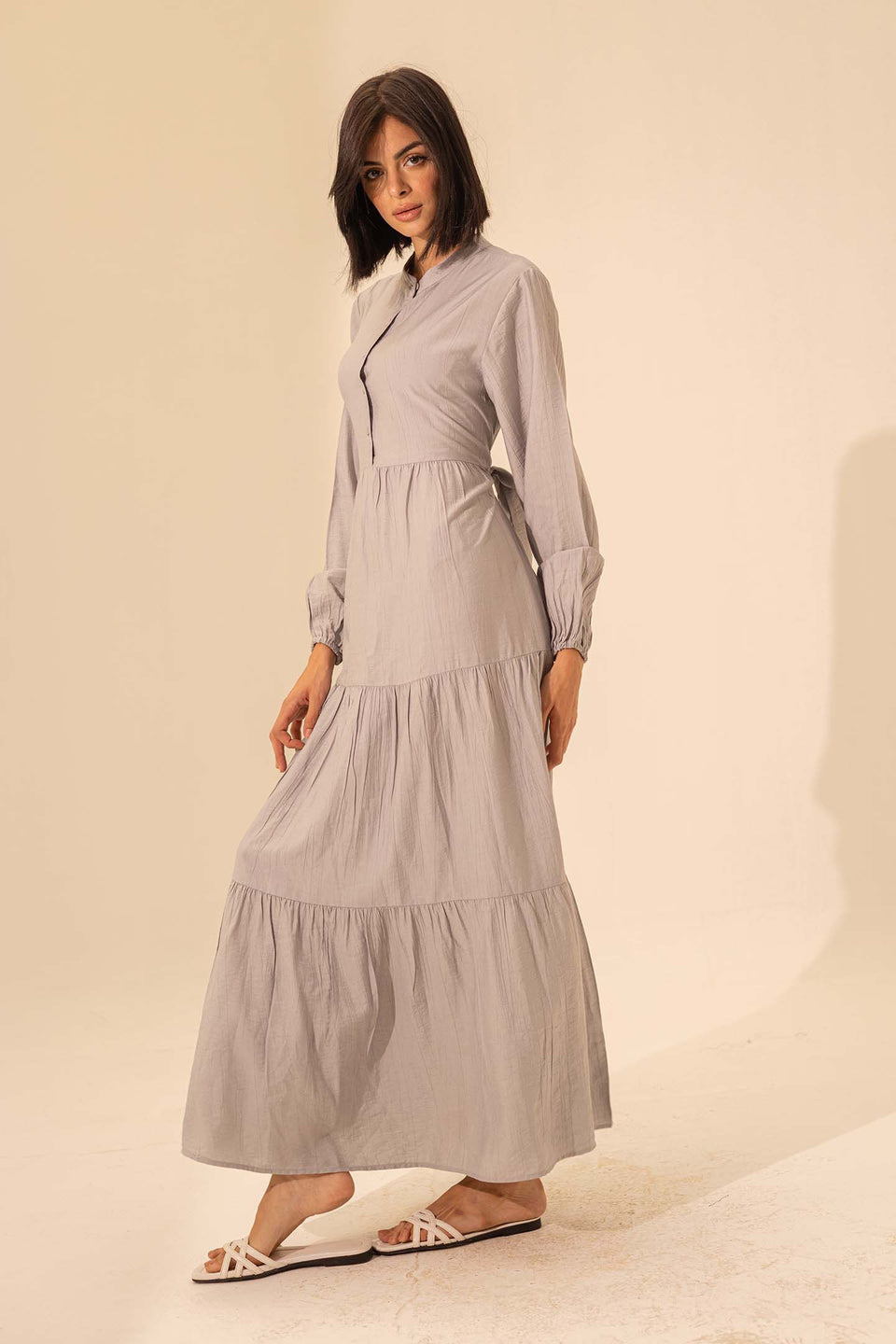 Grey Summer Long Dress With Belt