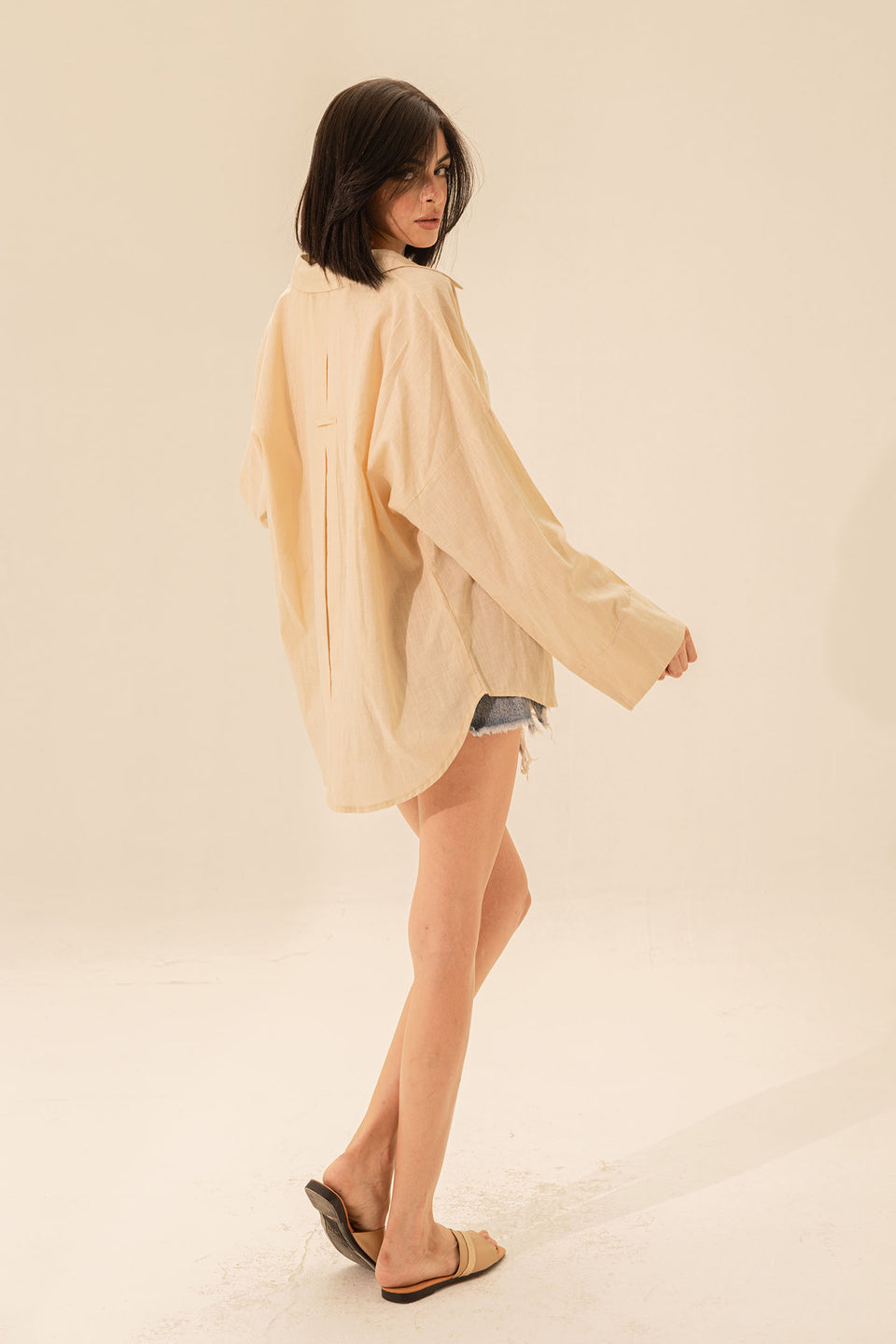 Beige Linen Wide Sleeves Shirt