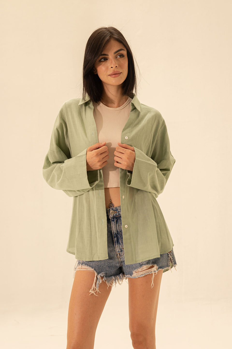 Olive Linen Wide Sleeves Shirt