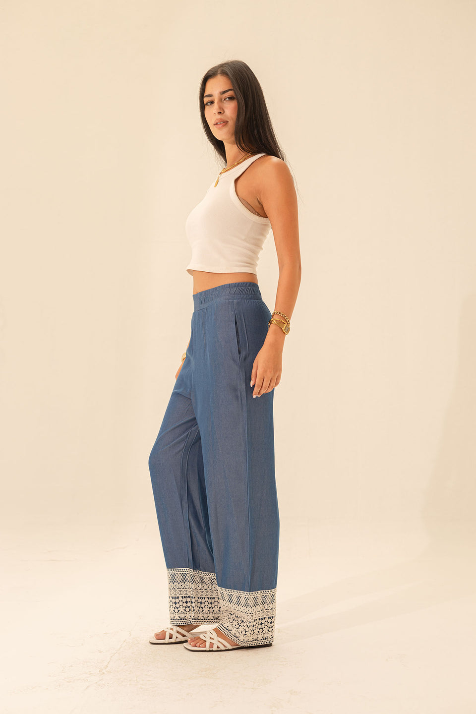Blue Boho Style Denim Look Pants