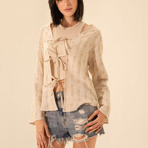 Beige Casual Bohemian Front Tie Blouse