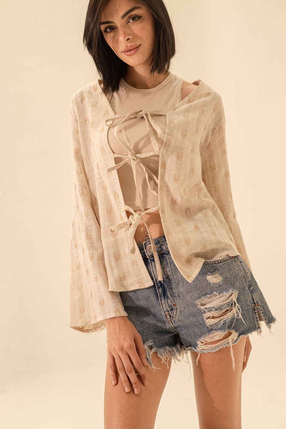 Beige Casual Bohemian Front Tie Blouse