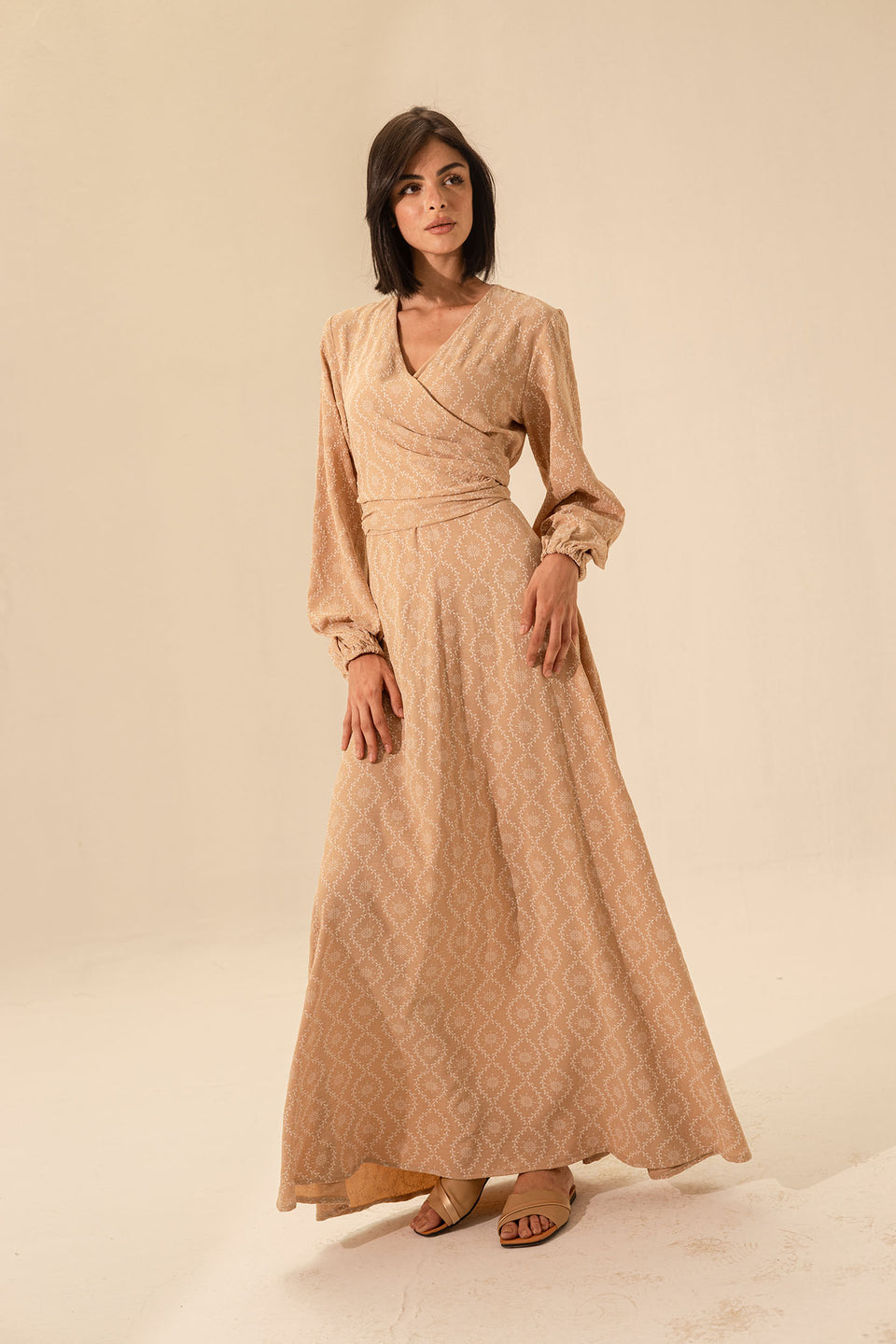 Beige Elegant Long Sleeves Maxi Wrap Dress