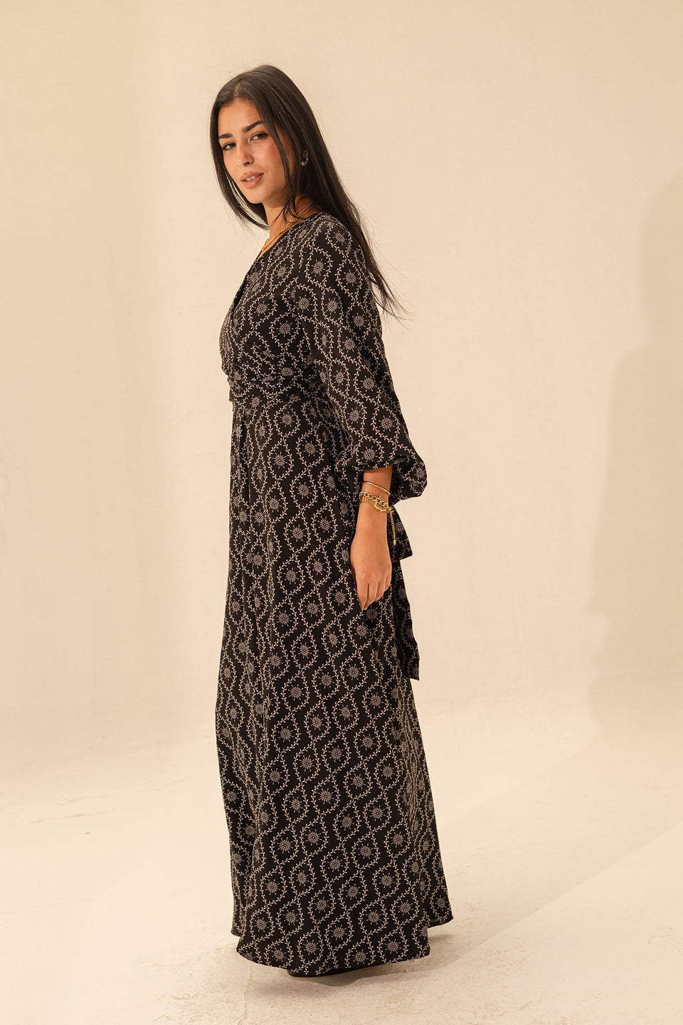 Black Elegant Long Sleeves Maxi Wrap Dress