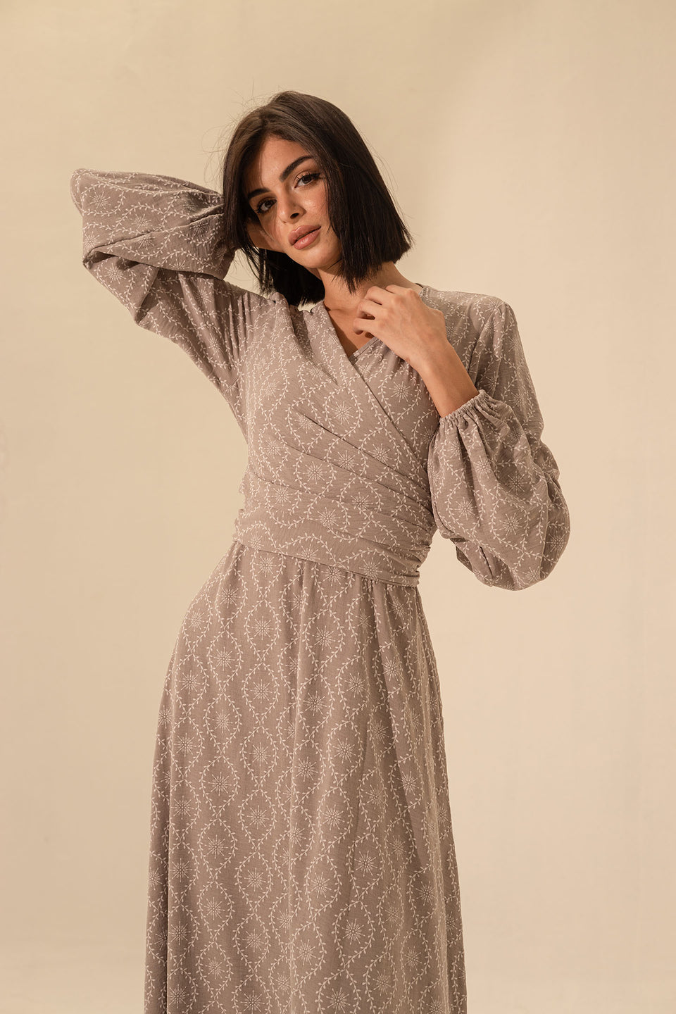 Grey Elegant Long Sleeves Maxi Wrap Dress
