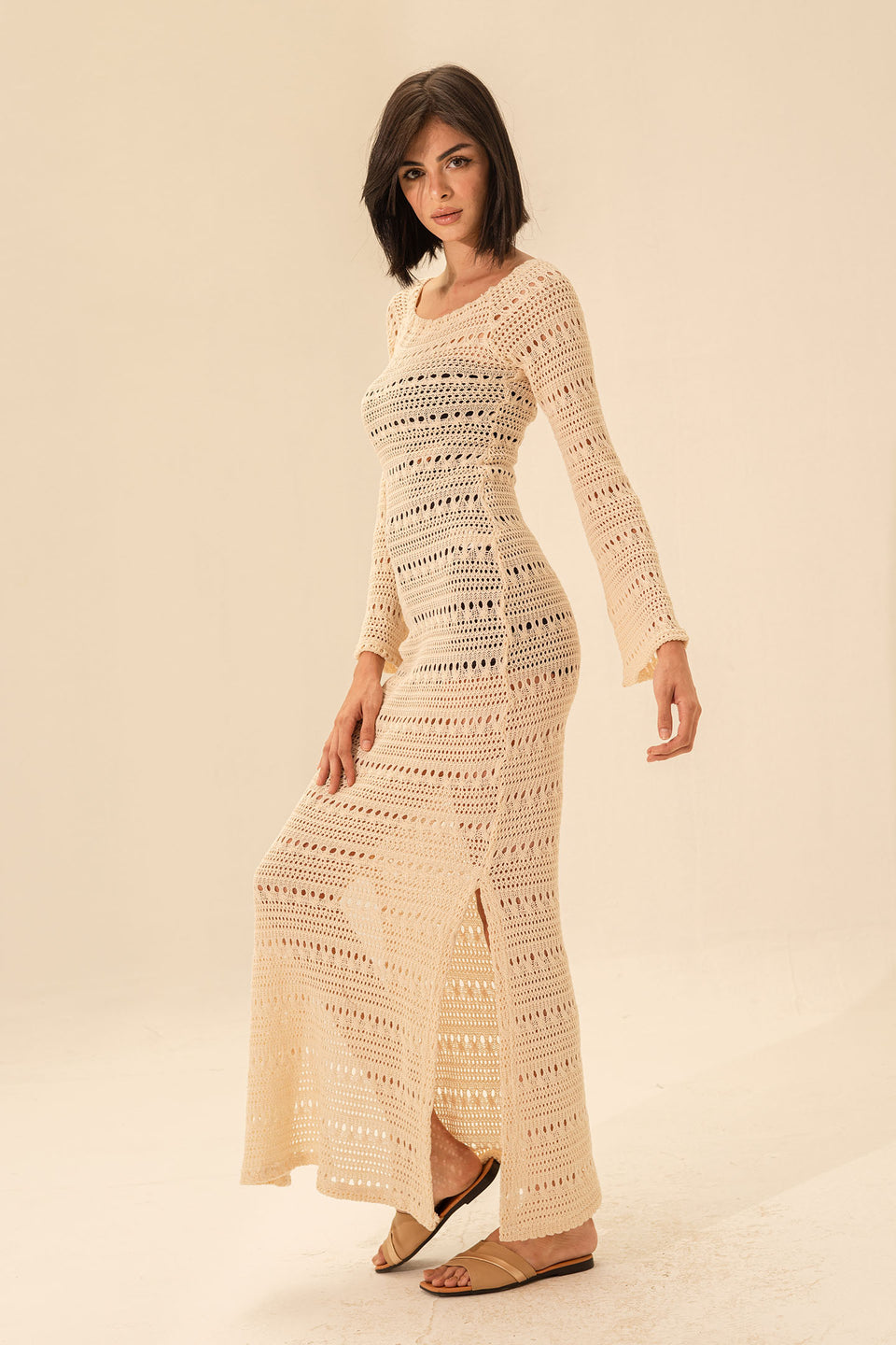 Beige Crochet Beach Dress Cover-Up