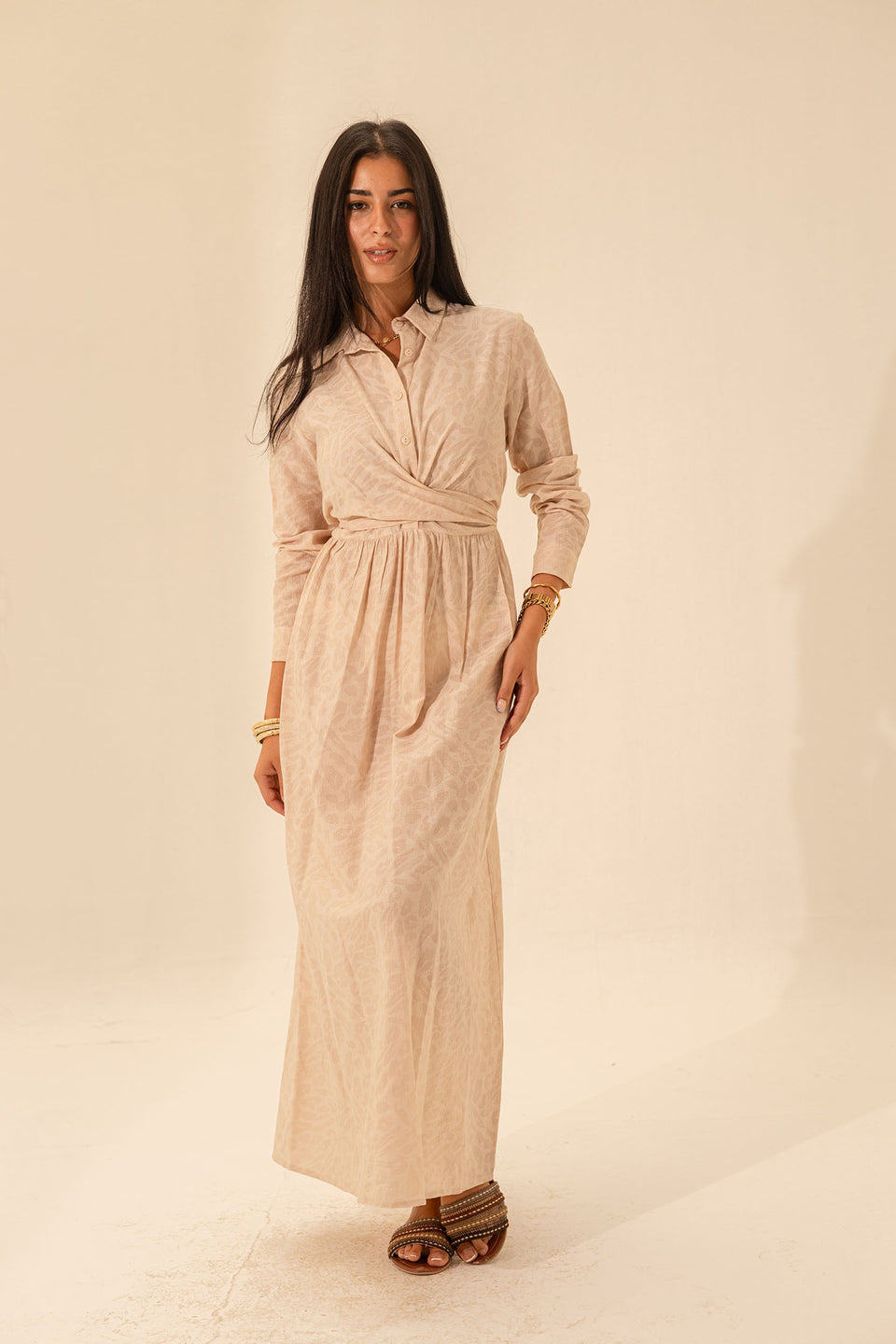 Beige Patterned Wrap Dress