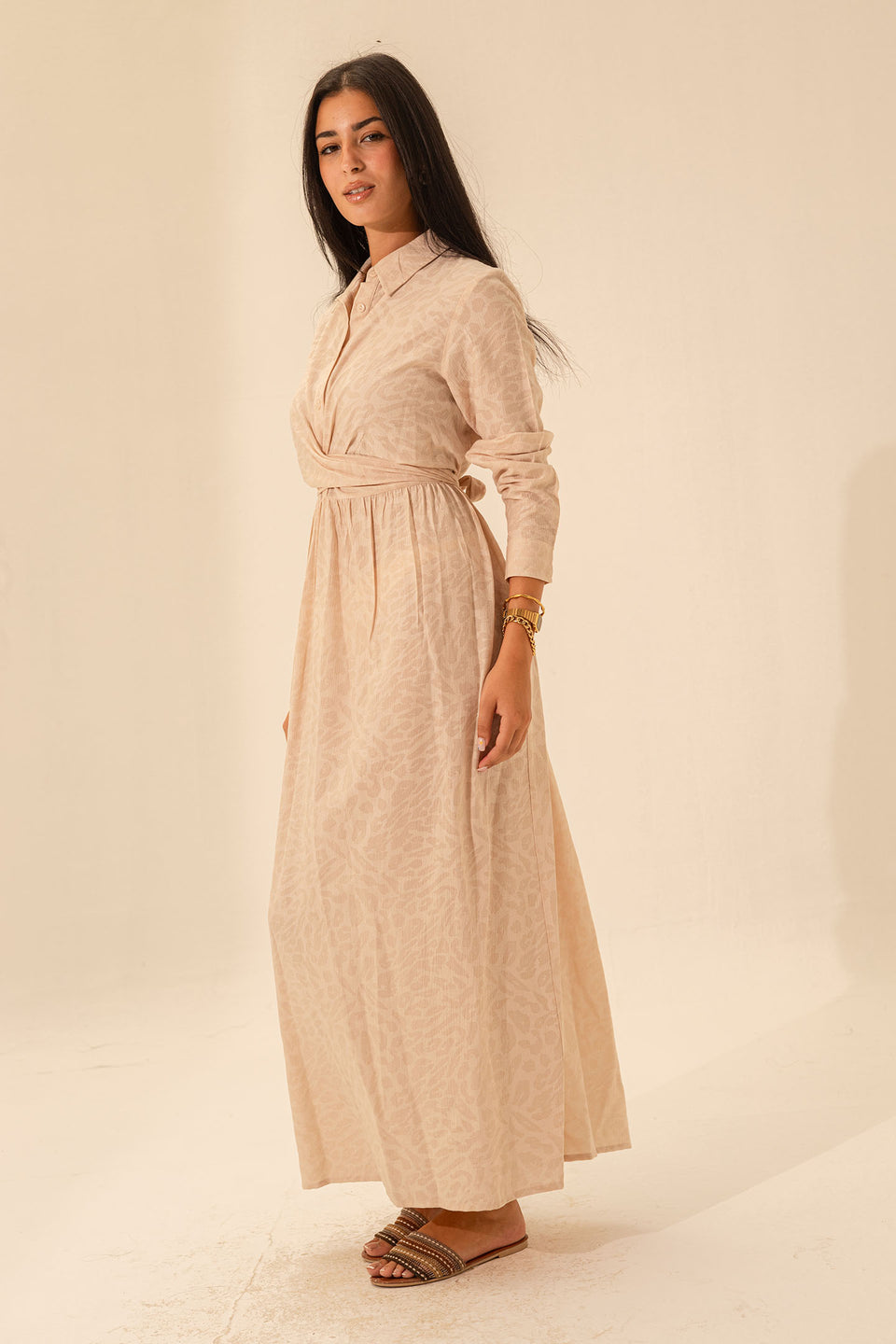 Beige Patterned Wrap Dress