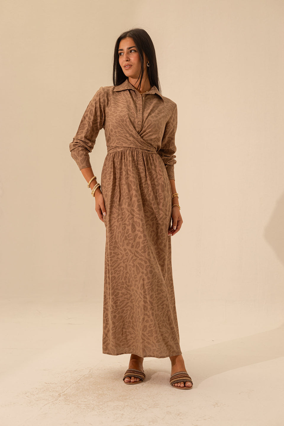 Brown Patterned Wrap Dress