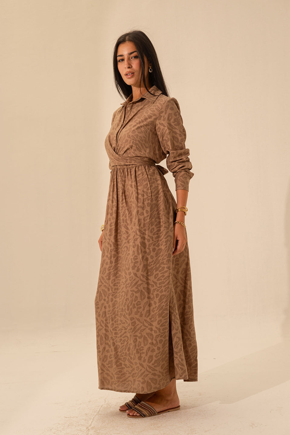 Brown Patterned Wrap Dress