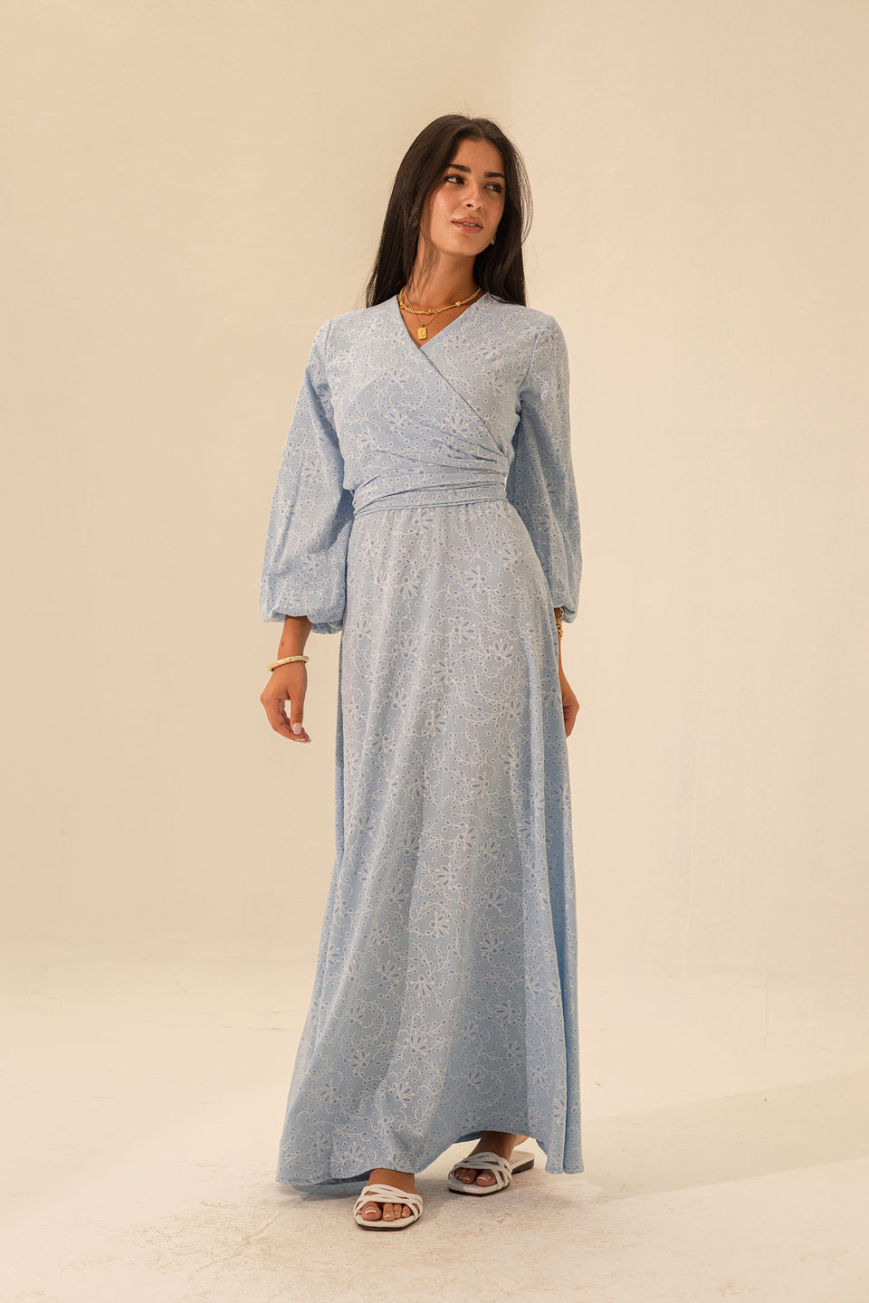 Blue Elegant Long Sleeves Maxi Wrap Dress