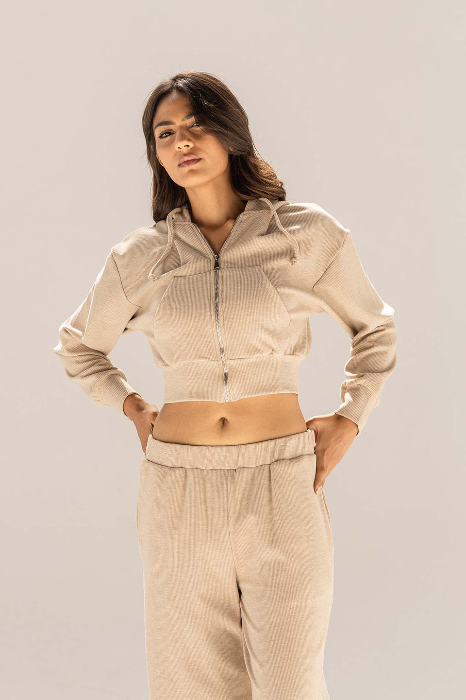 Beige Cozy Ribbed Zip Hoodie