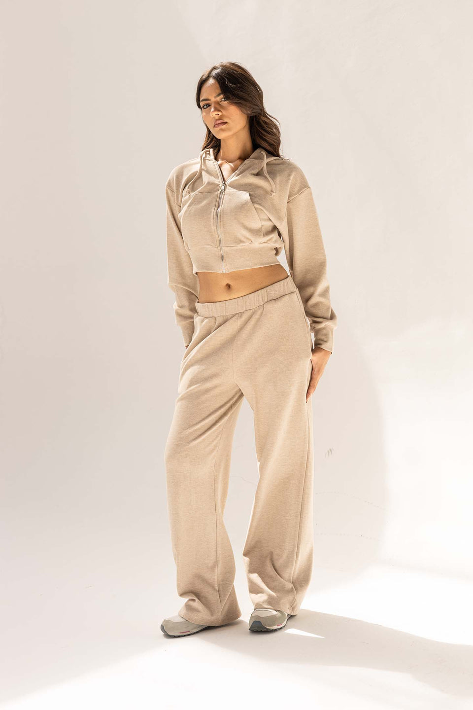 Beige Cozy Ribbed Zip Hoodie