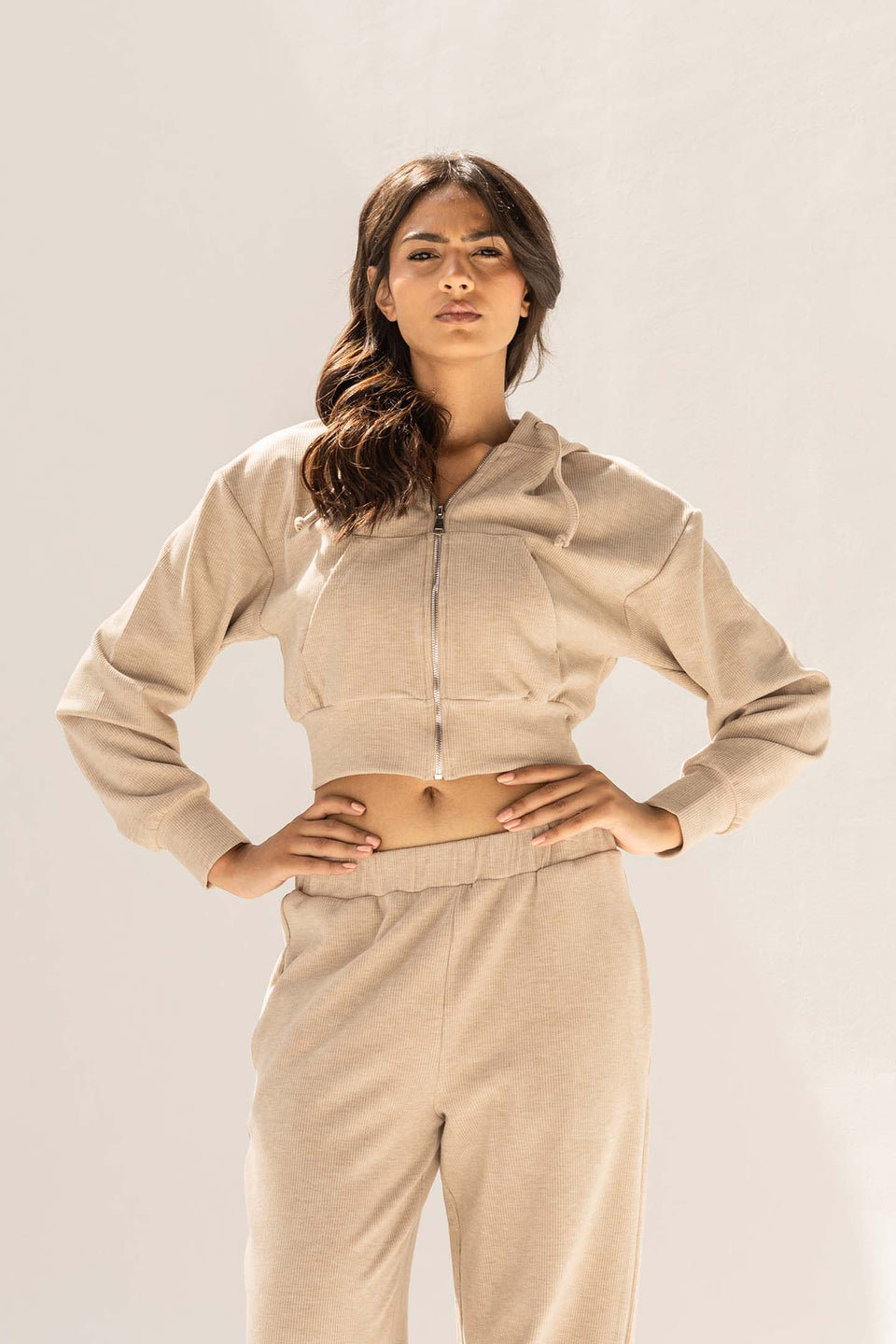 Beige Cozy Ribbed Zip Hoodie