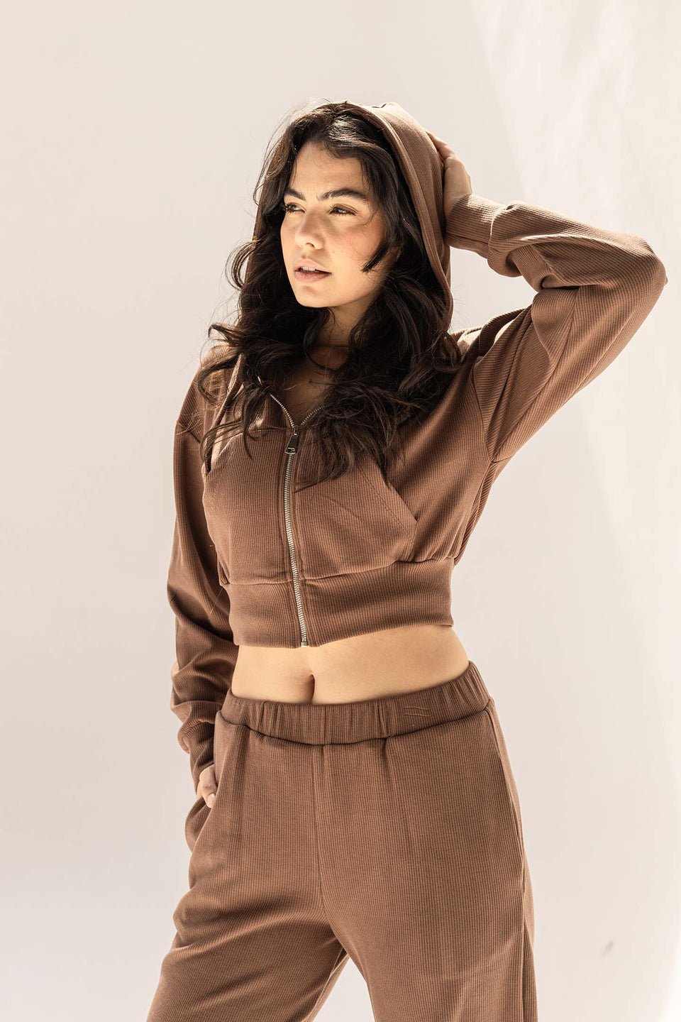 Brown Cozy Ribbed Zip Hoodie