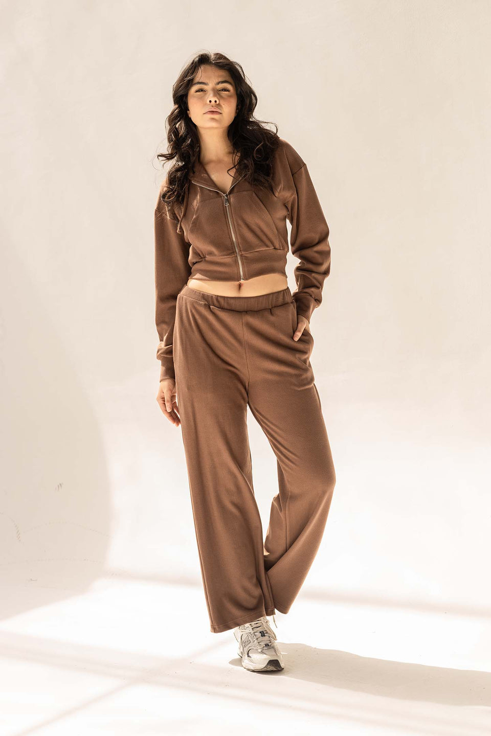 Brown Cozy Ribbed Zip Hoodie