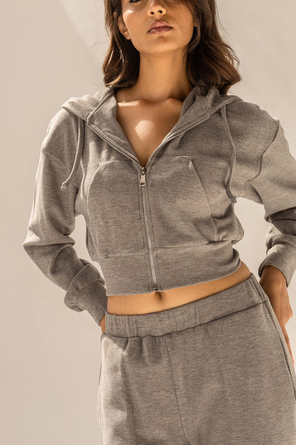 Dark Grey Cozy Ribbed Zip Hoodie