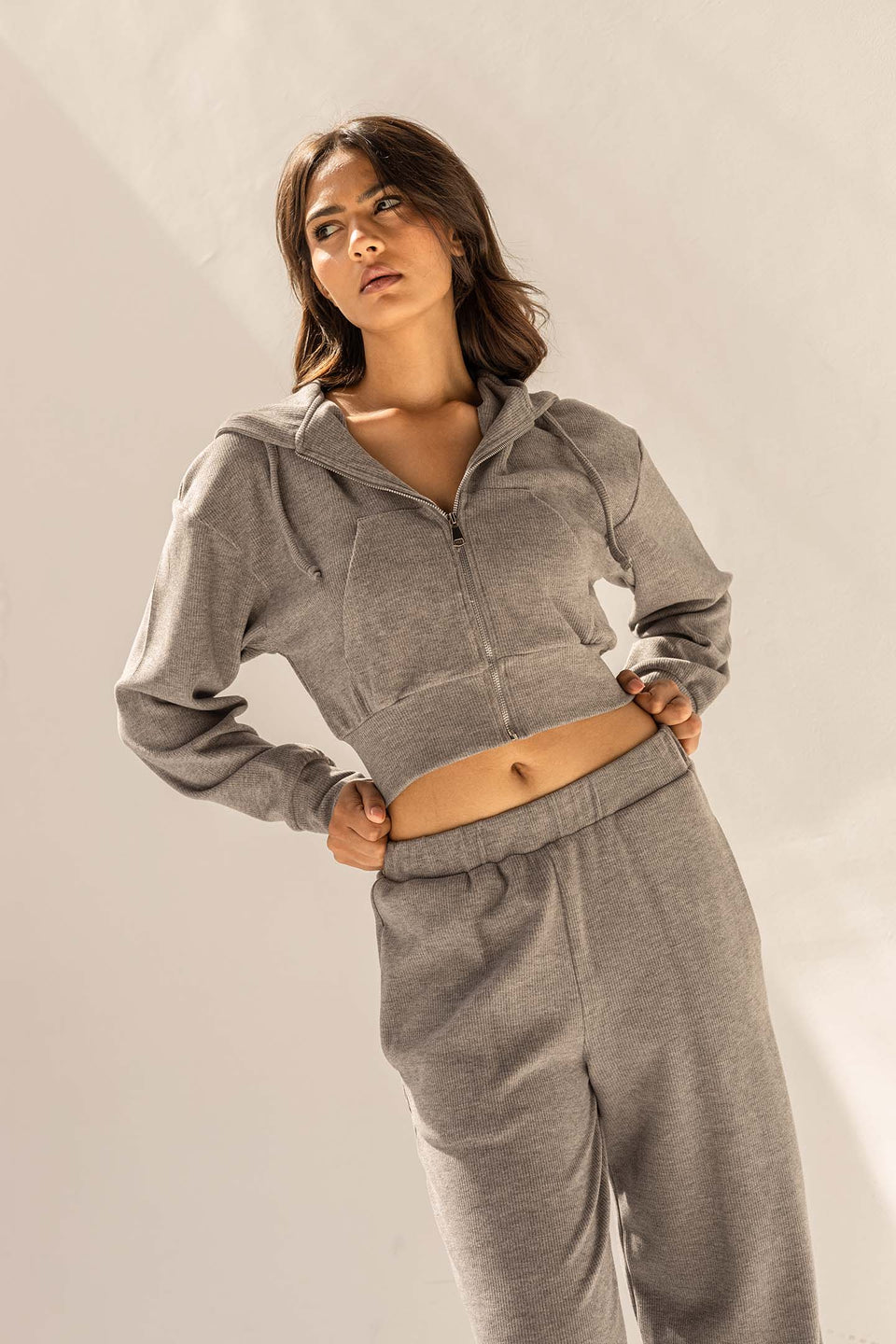 Dark Grey Cozy Ribbed Zip Hoodie